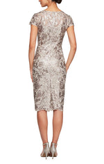 Short Sequin Embroidered Cap Sleeve Dress with Illusion Neckline & Scallop Detail - alexevenings.com