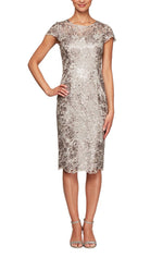 Short Sequin Embroidered Cap Sleeve Dress with Illusion Neckline & Scallop Detail - alexevenings.com