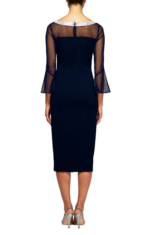 Short Sheath Crepe Cocktail Dress with Beaded Illusion Neckline & Bell Sleeves - alexevenings.com