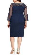Short Sheath Crepe Dress with Embellished Illusion Mesh Neckline and Bell Sleeves - alexevenings.com