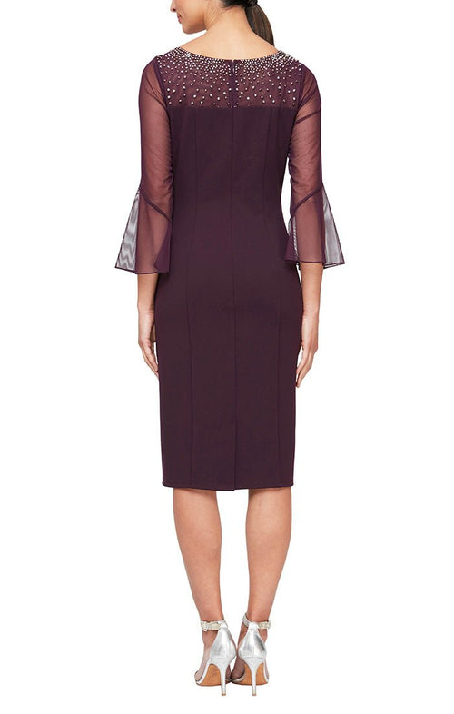 Short Sheath Crepe Dress with Embellished Illusion Mesh Neckline & Bell Sleeves - alexevenings.com