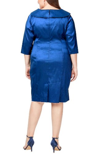 Short Sheath Dress With Portrait Collar, 3/4 Sleeves and Ruched Waist Detail - alexevenings.com