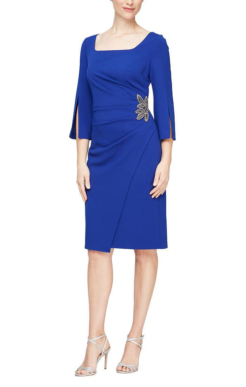 Short Sheath Dress with Square Neckline, Split Sleeves and Beaded Detail at Hip - alexevenings.com