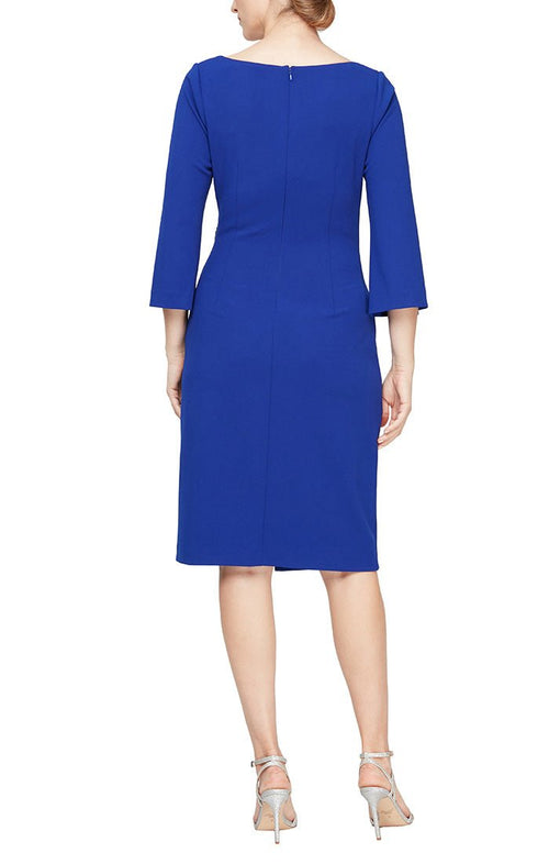 Short Sheath Dress with Square Neckline, Split Sleeves and Beaded Detail at Hip - alexevenings.com