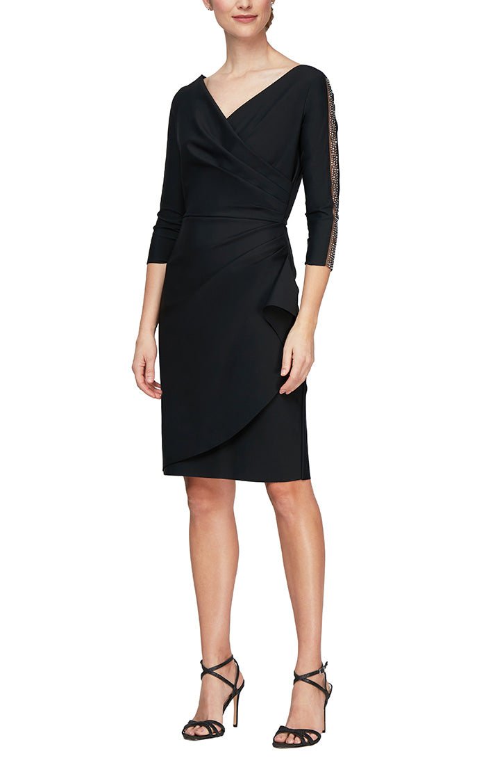 Short Sheath Dress with Surplice Neckline and Embellished Illusion Sleeve Detail - alexevenings.com
