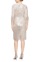 Short Sheath Dress with Surplice Neckline, Knot Front Detail and 3/4 Sleeves - alexevenings.com