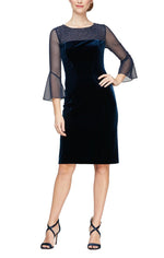 Short Sheath Velvet Cocktail Dress with Embellished Illusion Neckline & Bell Sleeves - alexevenings.com