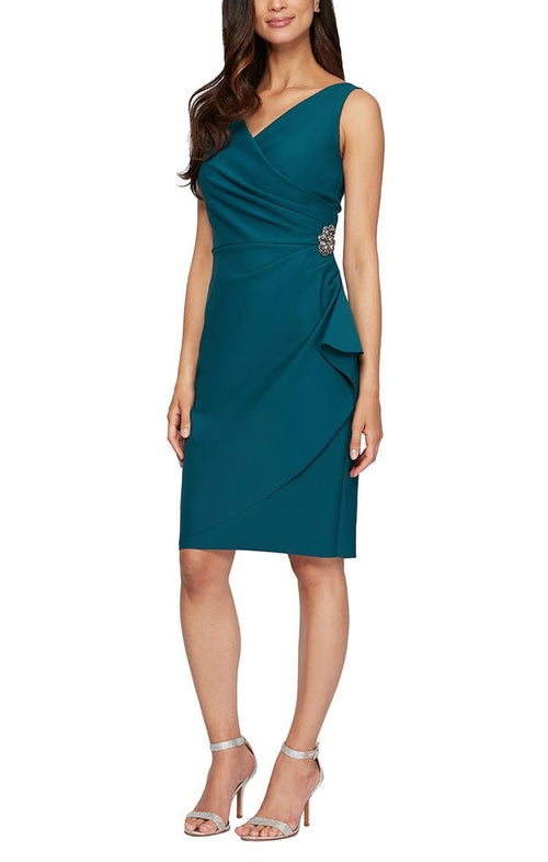 Short Side Ruched Compression Collection Dress with Surplice Neckline, Cascade Ruffle Skirt and Beaded Detail at Hip - alexevenings.com