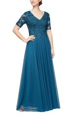 Short Sleeve V-Neck Gown with Embroidered Lace Bodice and Mesh Skirt - alexevenings.com
