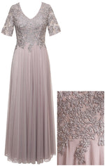 Short Sleeve V-Neck Gown with Embroidered Lace Bodice and Mesh Skirt - alexevenings.com