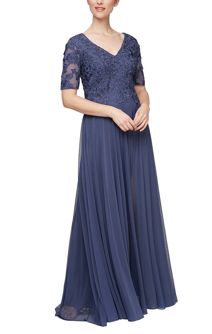 Victorian Short Sleeve Lace Long Sheer Gown w/ Ruffle Skirt – Blue