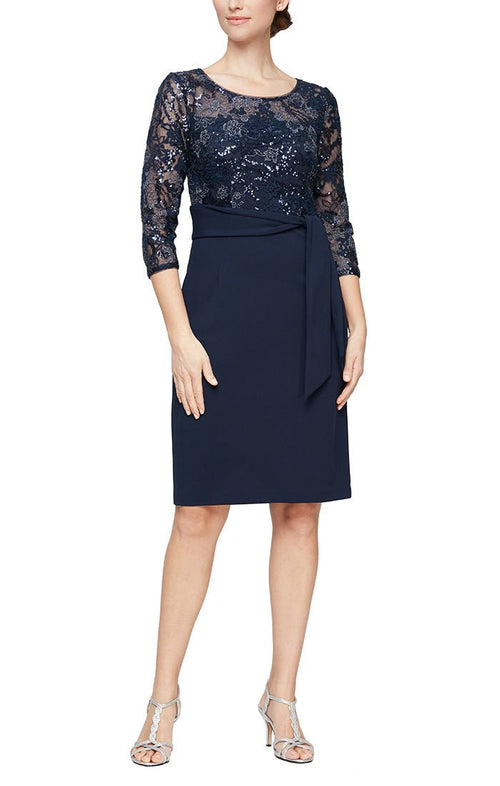 Short Stretch Crepe & Sequin Lace Sheath Dress with Embroidered Bodice, Tie Belt and Illusion Sleeves - alexevenings.com