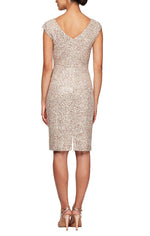 Short V-Neck Corded Lace Sheath Dress with Cap Sleeves - alexevenings.com