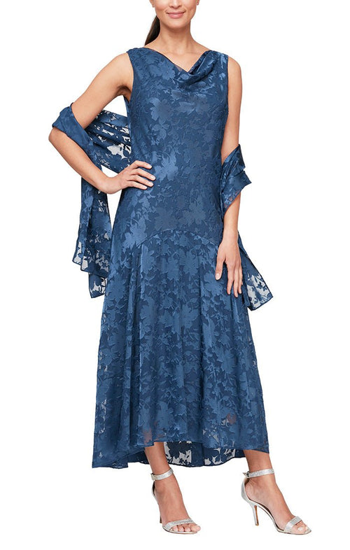 Sleeveless Chiffon Tea-Length Dress with Cowl Neck Detail and Matching Shawl - alexevenings.com