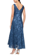 Sleeveless Chiffon Tea-Length Dress with Cowl Neck Detail and Matching Shawl - alexevenings.com