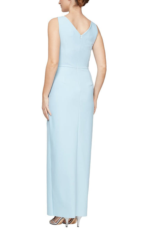 Sleeveless Compression Sheath Gown with Surplice Neckline & Beaded Detail at Hip - alexevenings.com