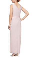 Sleeveless Compression Sheath Gown with Surplice Neckline & Beaded Detail at Hip - alexevenings.com