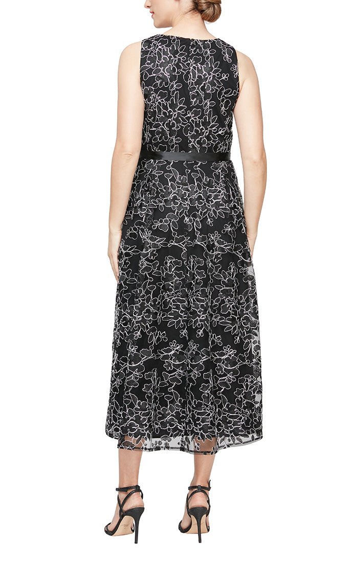 Sleeveless Embroidered Midi Dress with High Low Hem and Tie Belt - alexevenings.com