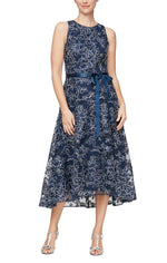 Sleeveless Embroidered Midi Dress with High Low Hem and Tie Belt - alexevenings.com
