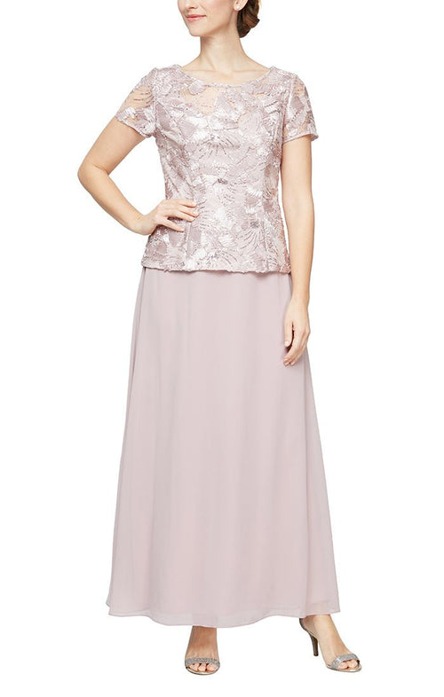 Soutache Lace Bodice Dress with Illusion Neckline and A-Line Chiffon Skirt - alexevenings.com