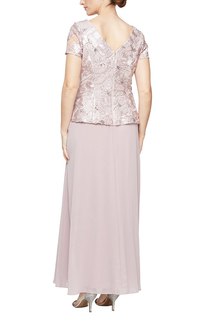 Soutache Lace Bodice Dress with Illusion Neckline and A-Line Chiffon Skirt - alexevenings.com