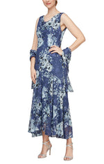 Tea Length Cowl Neck Printed Dress with High/Low Skirt and Shawl - alexevenings.com
