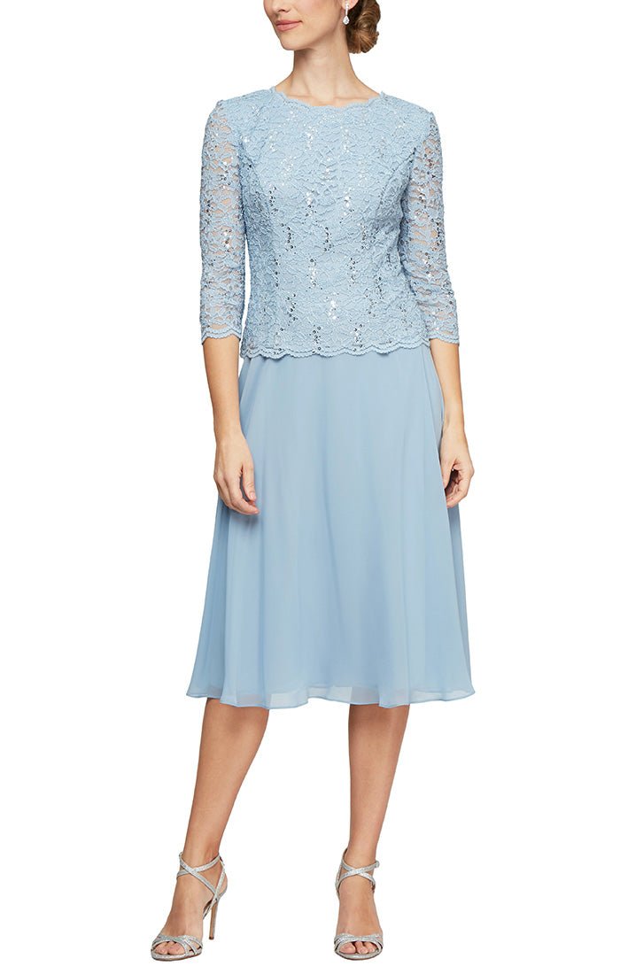 Tea-Length Dress with Sequin Lace Bodice & Chiffon Skirt - alexevenings.com