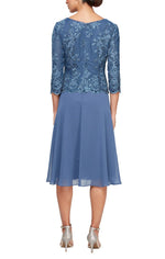 Tea Length Embroidered Mock Dress with Full Skirt & Scallop Detail - alexevenings.com
