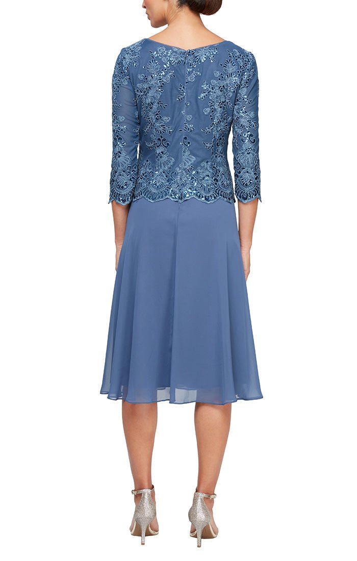 Tea Length Embroidered Mock Dress with Full Skirt & Scallop Detail - alexevenings.com