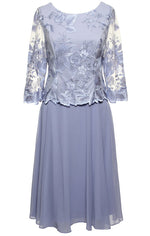Tea-Length Embroidered Mock Dress with Illusion Sleeves, Scallop Detail and Full Skirt - alexevenings.com