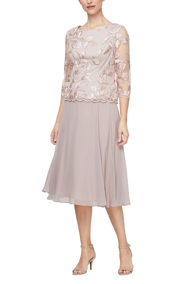 Tea-Length Embroidered Mock Dress with Scallop Detail, Illusion 3/4 Sleeves and Full Skirt - alexevenings.com