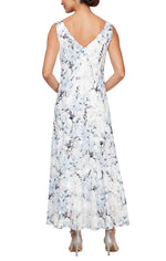 Tea-Length Floral Chiffon Sleeveless Dress with Cowl Neckline and Shawl - alexevenings.com