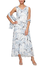 Tea-Length Floral Chiffon Sleeveless Dress with Cowl Neckline and Shawl - alexevenings.com