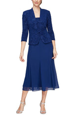 Tea-Length Jacket Dress with Glitter Jacquard Knit Bodice and Jacket and Mesh Skirt - alexevenings.com