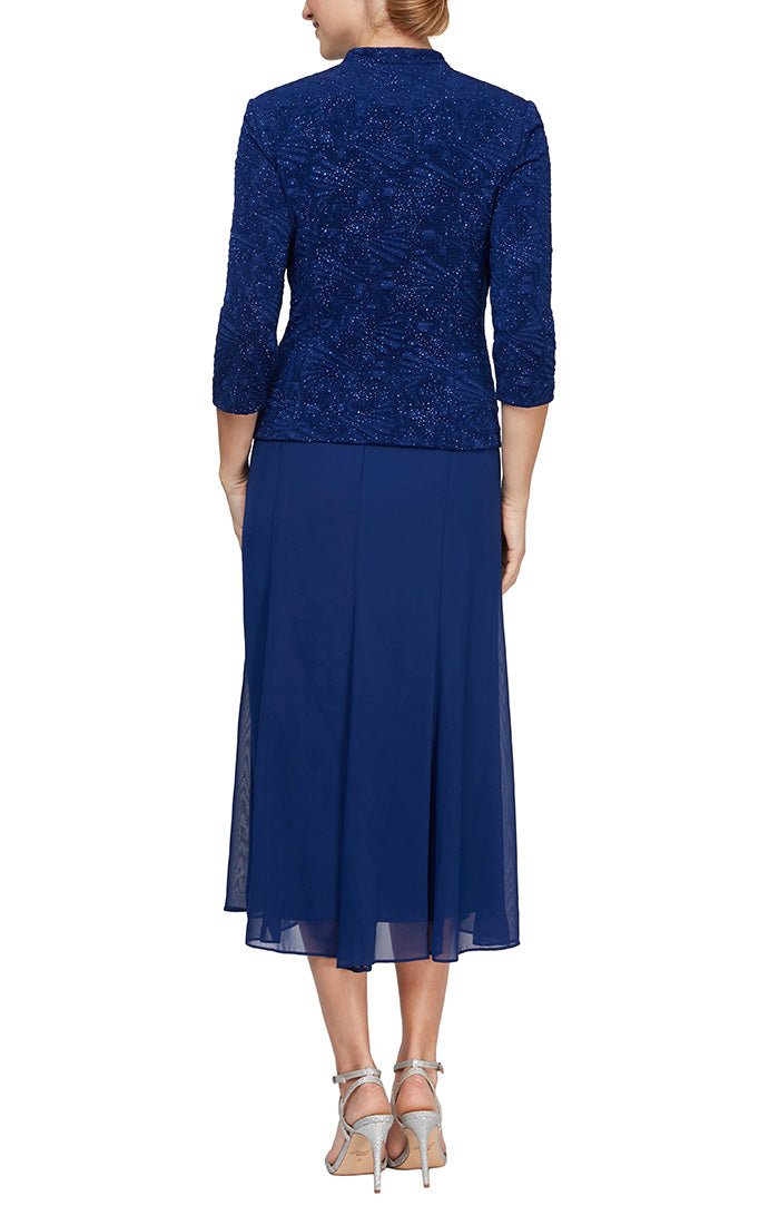 Glitter Jacquard Knit Jacket Dress with Tea-Length Mesh Skirt –