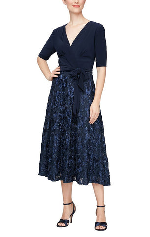 Lace Jersey Cocktail Dress with Full Rosette Lace Skirt Tie Belt