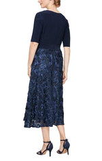 Tea-Length Lace & Jersey Cocktail Dress with Full Rosette Lace Skirt and Tie Belt - alexevenings.com