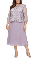Tea Length Mock Jacket Dress With Illusion Sleeves, Scallop Detail, Hook Neck Closure, and A-Line Skirt - alexevenings.com