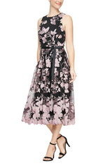 Tea-Length Sleeveless Embroidered Dress with Full Skirt & Tie Belt - alexevenings.com