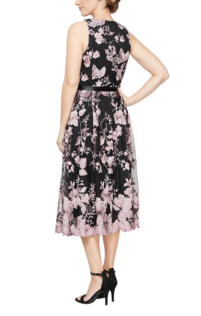 Tea-Length Sleeveless Embroidered Dress with Full Skirt & Tie Belt - alexevenings.com