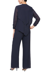 Three-Piece Chiffon Pantsuit with Pointed Tiered Hem Open Jacket - alexevenings.com