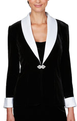 Velvet Twinset with Contrast Satin Collar & Cuffs & Decorative Clasp Closure on Jacket - alexevenings.com