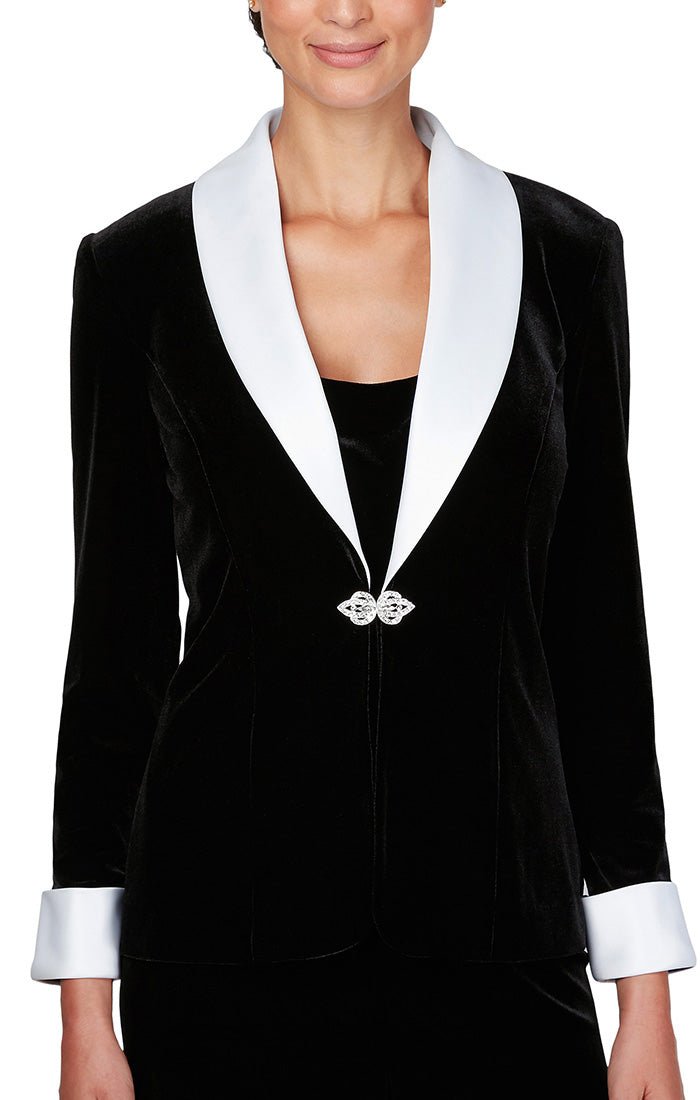 Velvet Twinset with Contrast Satin Collar & Cuffs & Decorative Clasp Closure on Jacket - alexevenings.com